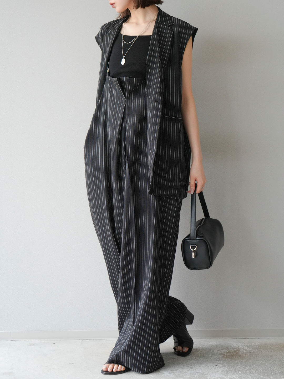 【着回しセット】[SET]ヘリンボーンストライプジレ+シアー切替ベロアトップス+ヘリンボーンストライプサロペット(3set)