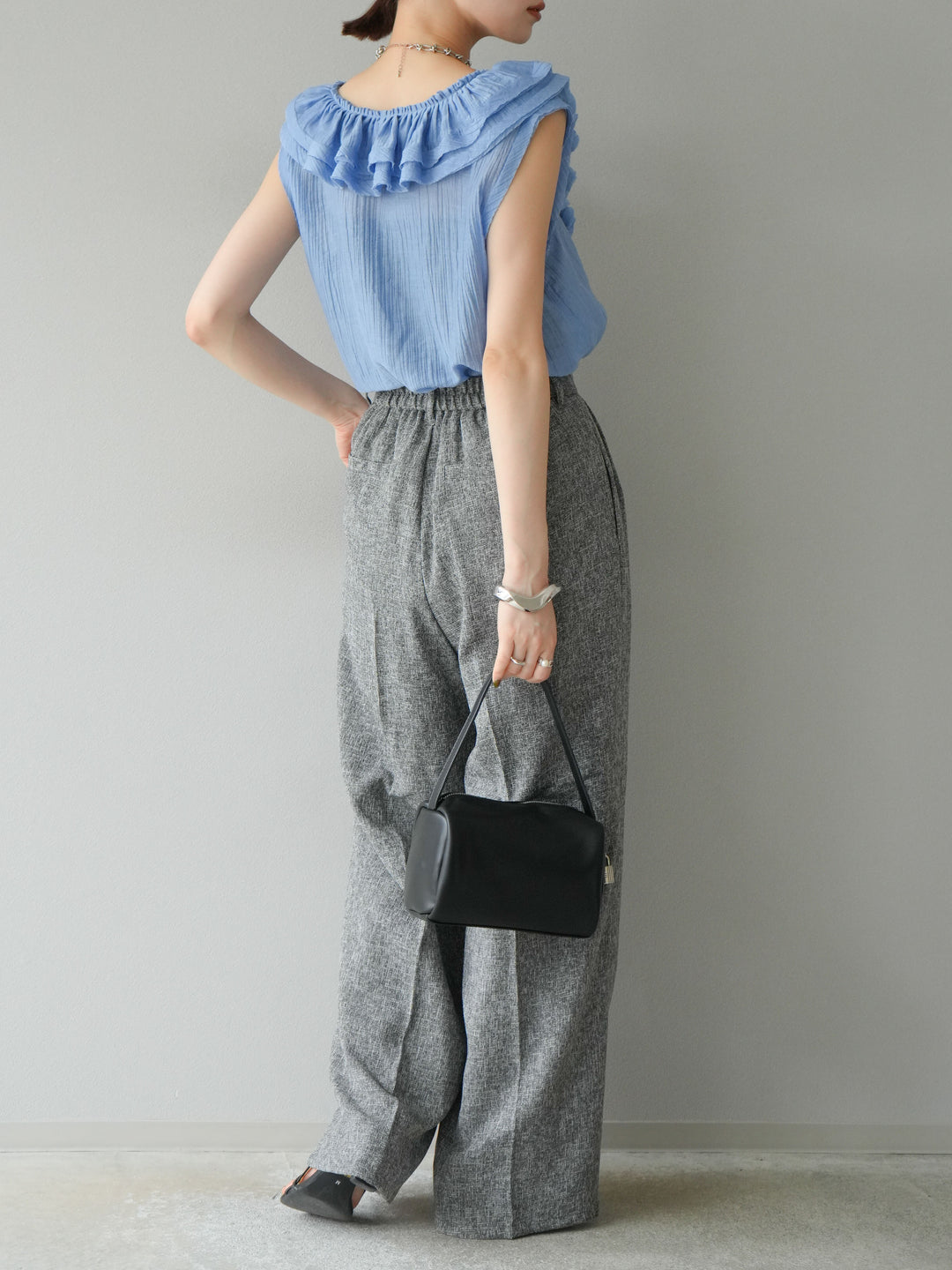 [預購] 混合粗花呢褶襉褲/黑色