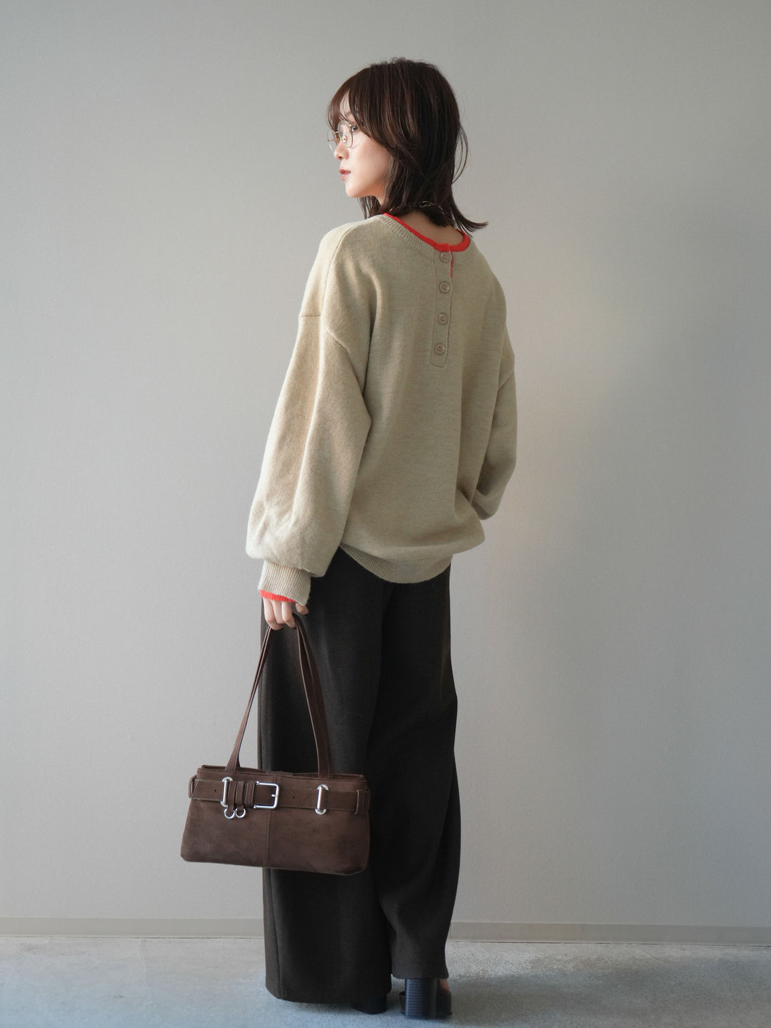 [予約]アニマル柄ベルト付きウールタッチワイドパンツ/brown