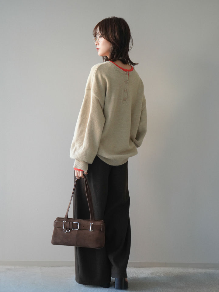 [予約]アニマル柄ベルト付きウールタッチワイドパンツ/brown