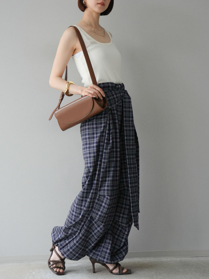 [予約]チェック柄ウエスト巻きドロストパンツ/ネイビー