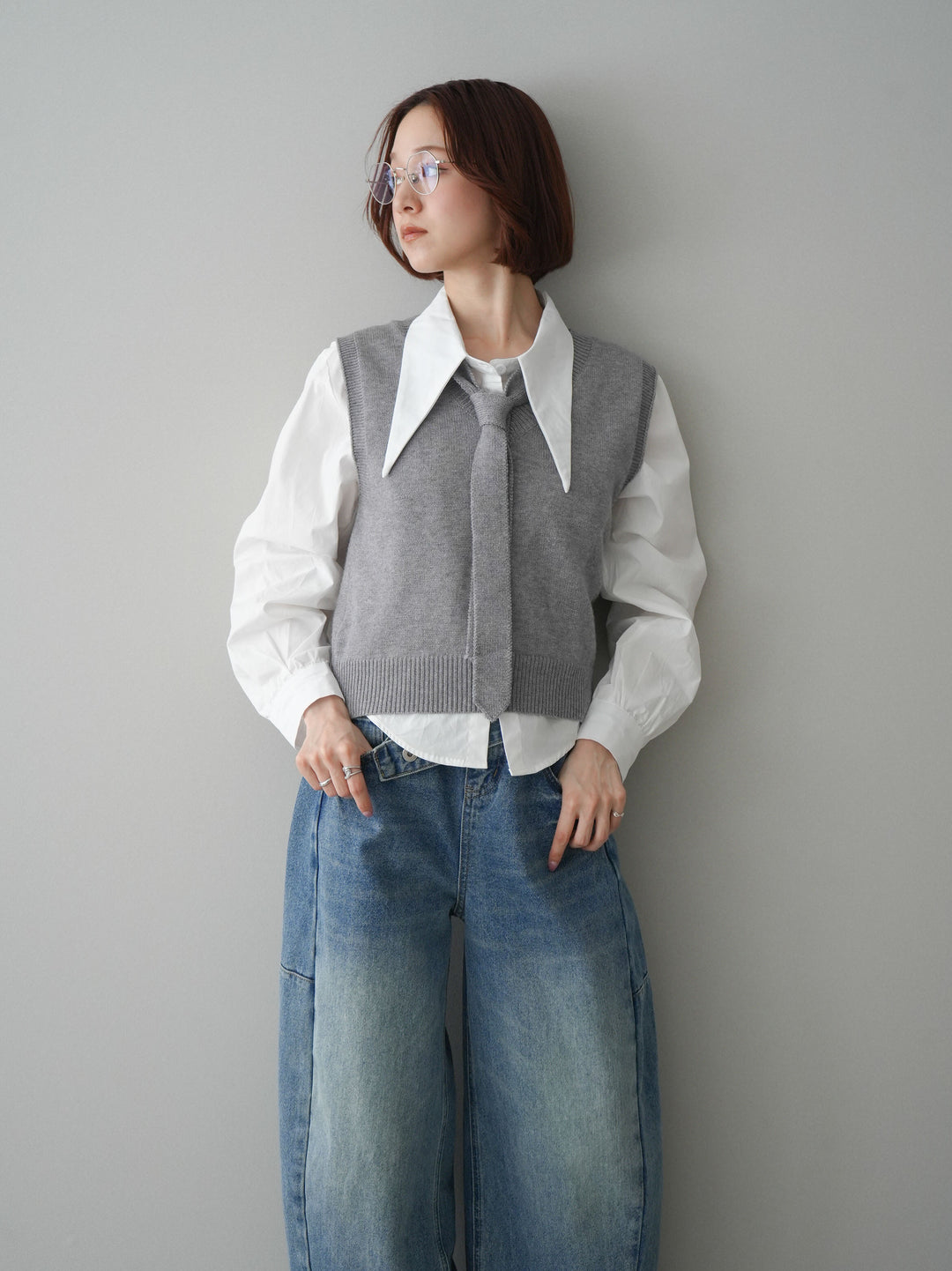 [SET]ボウタイ付ニットベストアンサンブルシャツ+アシメデザインワイドデニムパンツ(2set)