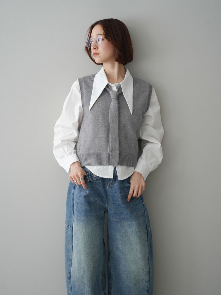 [SET]ボウタイ付ニットベストアンサンブルシャツ+アシメデザインワイドデニムパンツ(2set)