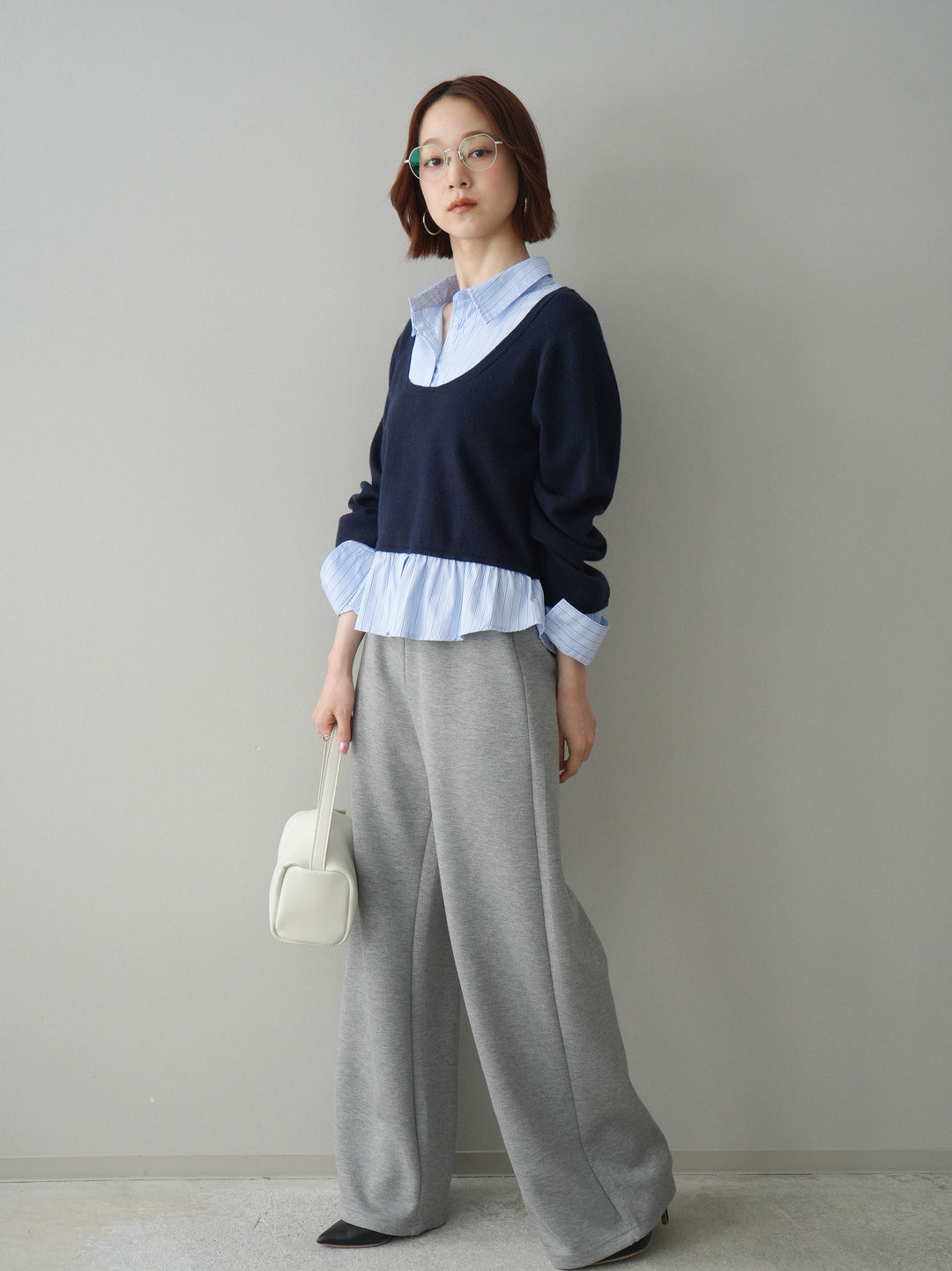 [SET]ストライプシャツUネックドッキングニットプルオーバー+イージーポンチワイドパンツ(2set)