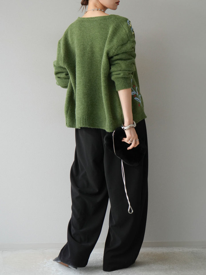 [SET]フラワー刺繍ニットカーディガン+ベルト付タックワイドパンツ(2set)