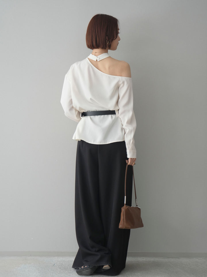 [SET]ベルト付ワンショルダースリットブラウス+編み込みベルト付タックワイドパンツ(2set)