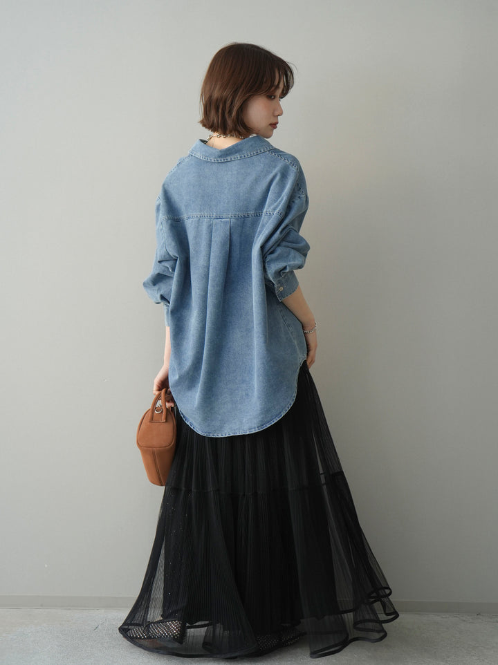 [予約]ラメプリーツレイヤードチュールロングスカート/black