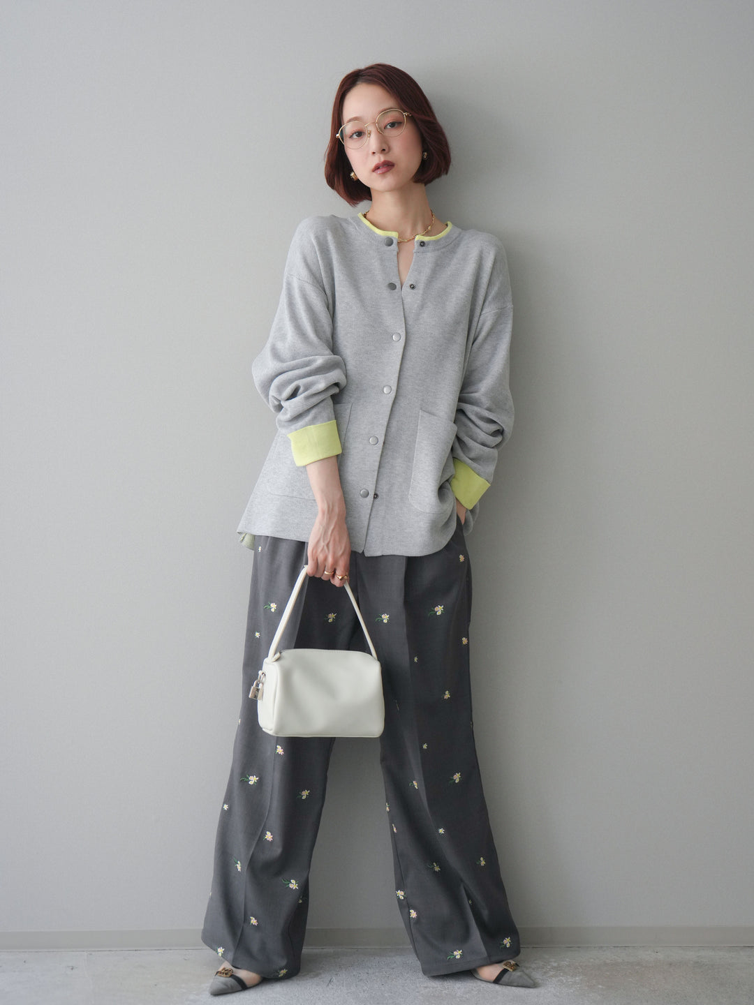 [予約]フラワー刺繍タックパンツ/gray