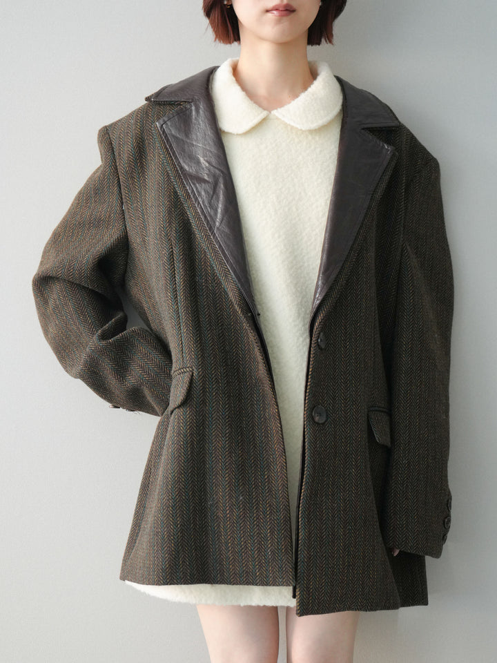 [SET]襟付きブークレミニワンピース+レイヤードデザインツイードテーラードジャケット(2set)