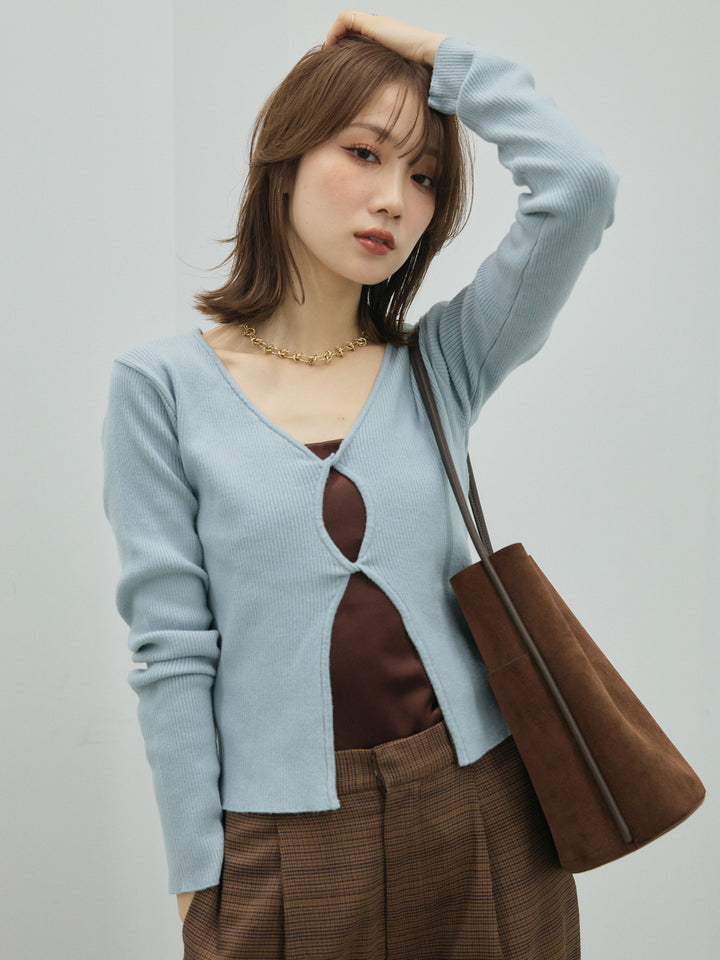 [予約]フロントツイストホールリブニットトップス/blue