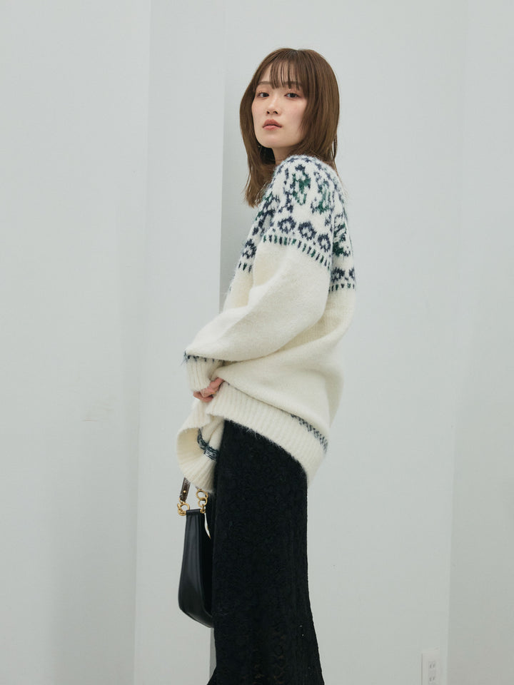 【Allure】[SET]ノルディック柄モックネックオーバニットプルオーバー+起毛レースストレッチナロースカート(2set)