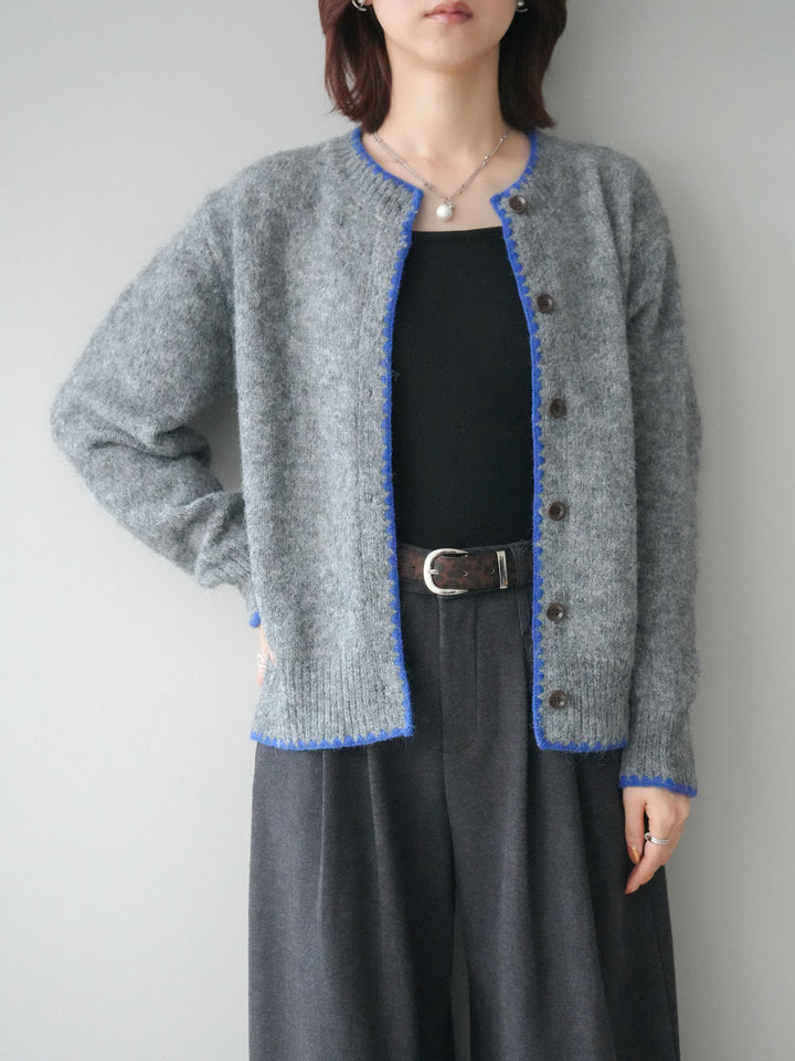 [SET]三角ステッチニットカーディガン+アニマル柄ベルト付きウールタッチワイドパンツ(2set)