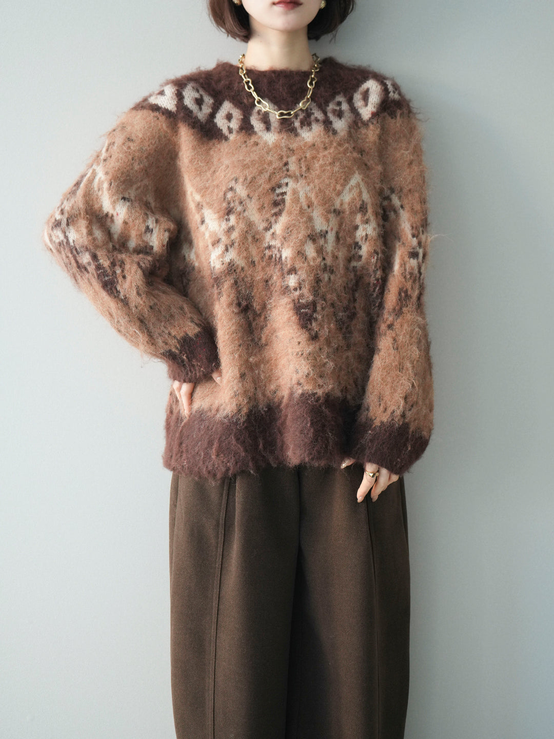 [SET]シャギーニュアンス柄ニットプルオーバー+ベルト付起毛コクーンパンツ(2set)