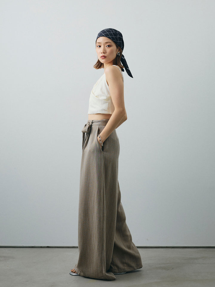 [SET]リネンライクカシュクールデザインビスチェ+リネンライクウエストリボンワイドパンツ(2set)