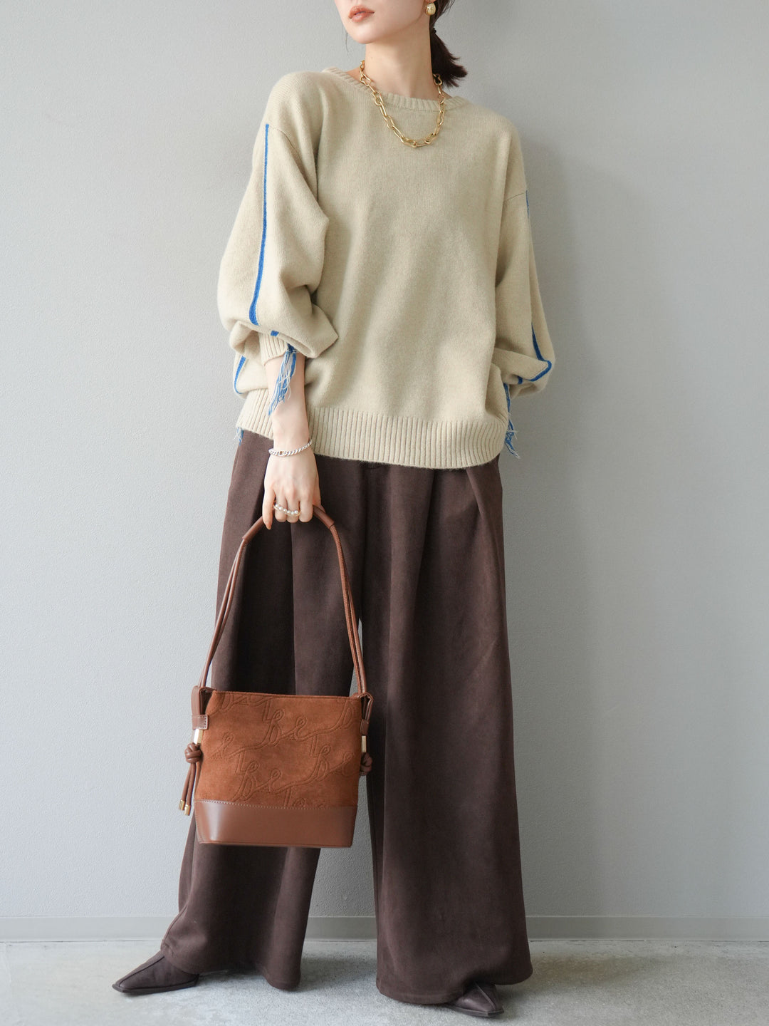 [SET]配色ステッチフリンジニットプルオーバー +スウェードタックワイドパンツ(2set)