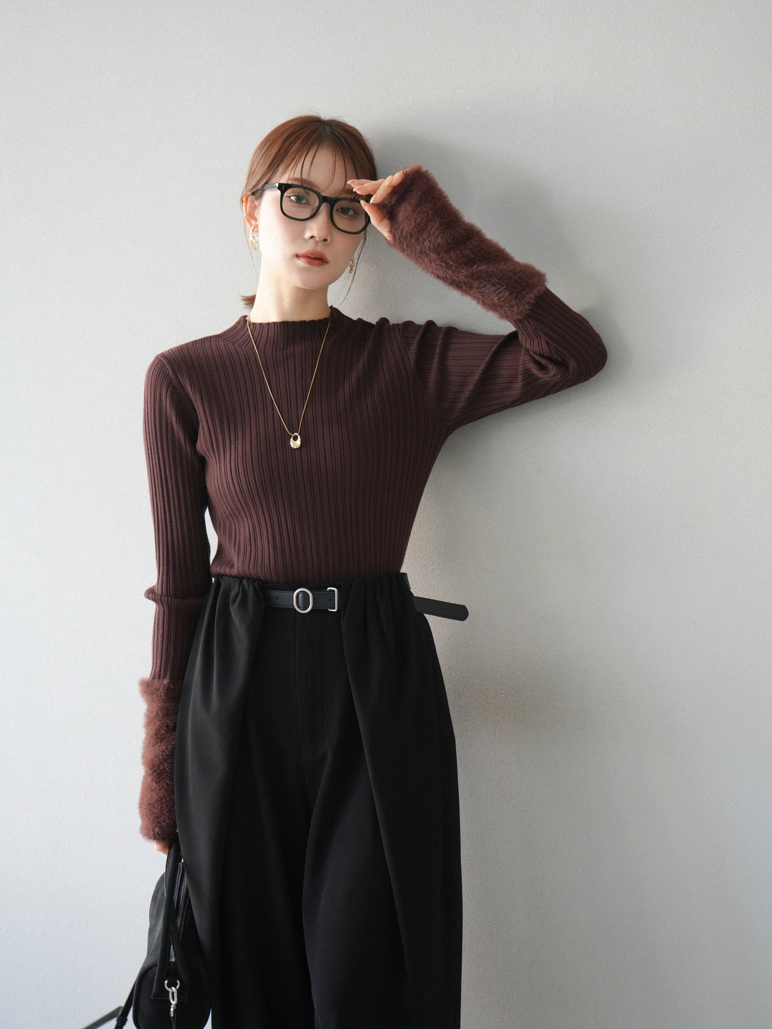 [予約]アームシャギーランダムリブニットトップス/ブラウン