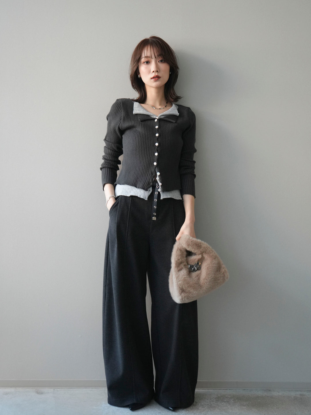 [予約]配色レイヤードリブニットカーディガン/charcoal