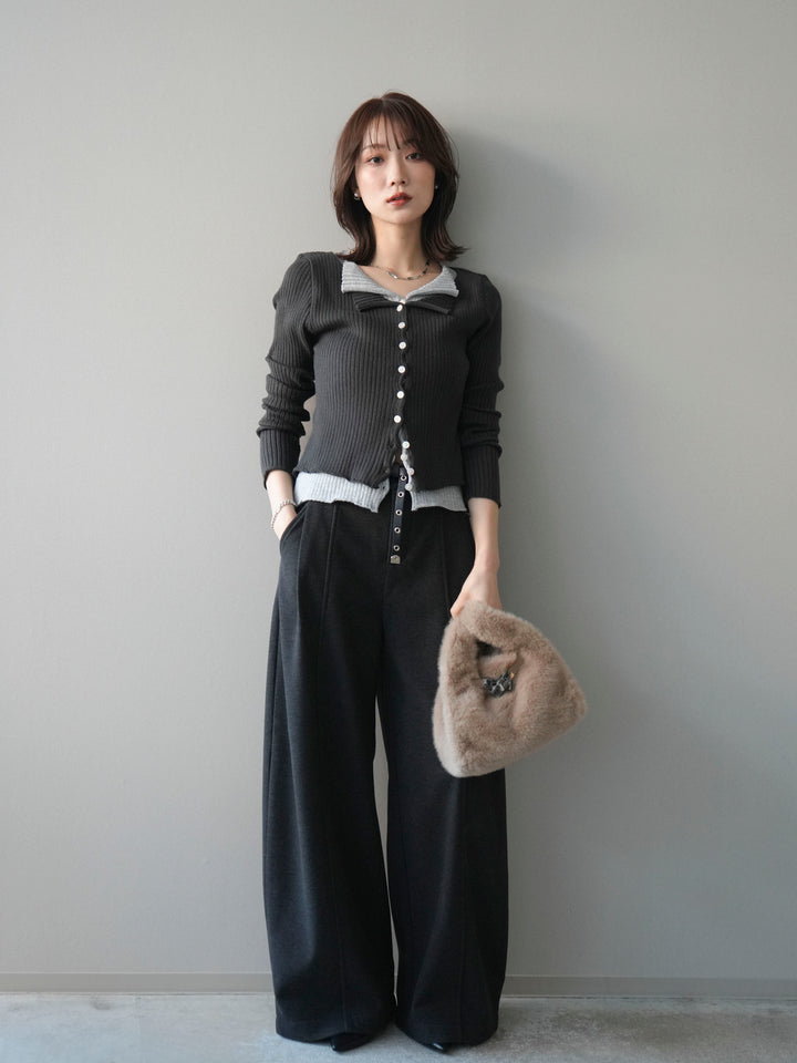 [予約]配色レイヤードリブニットカーディガン/charcoal