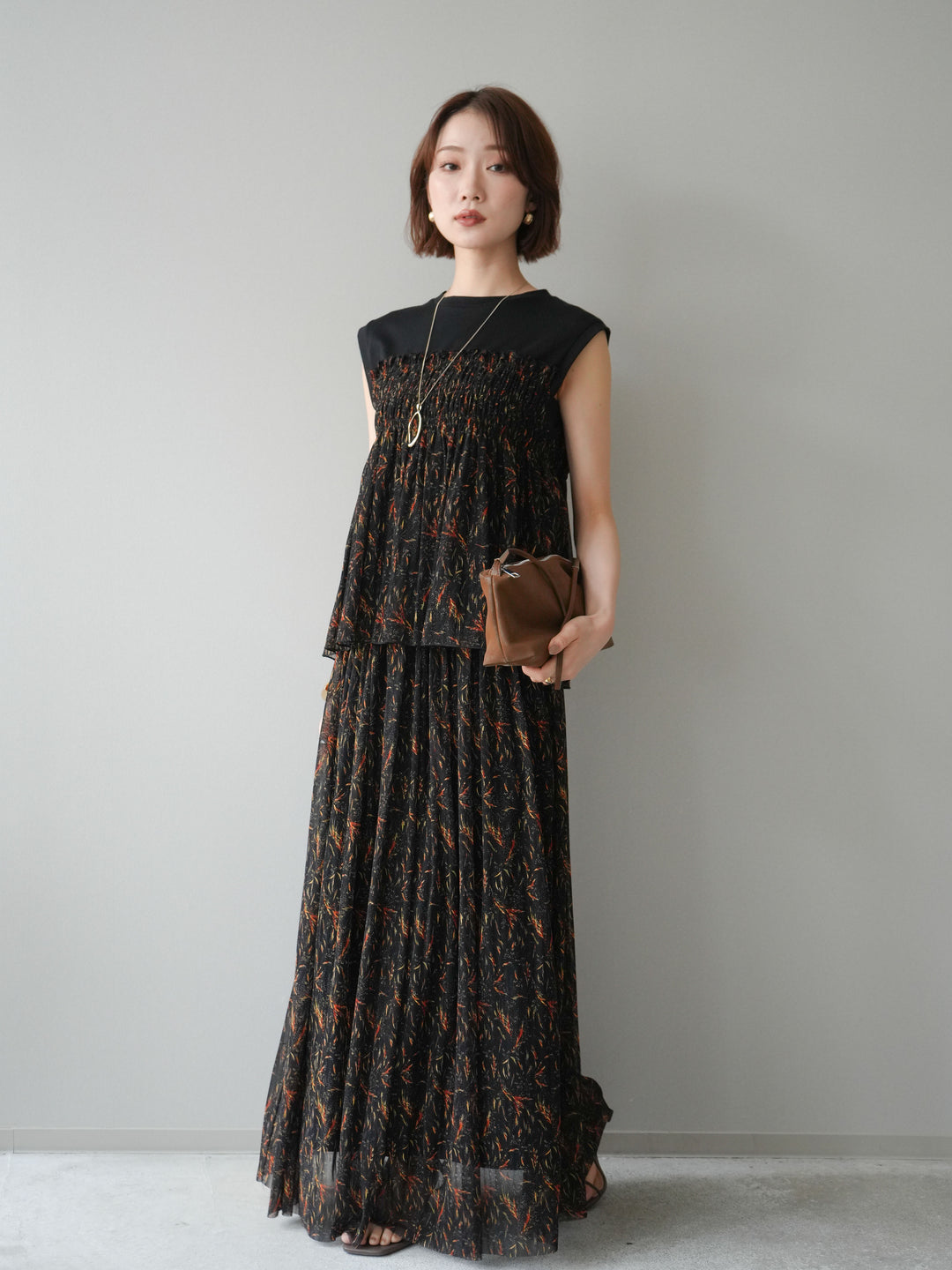 [SET]チュールプリントノースリーブトップス+チュールプリントスカート(2set)