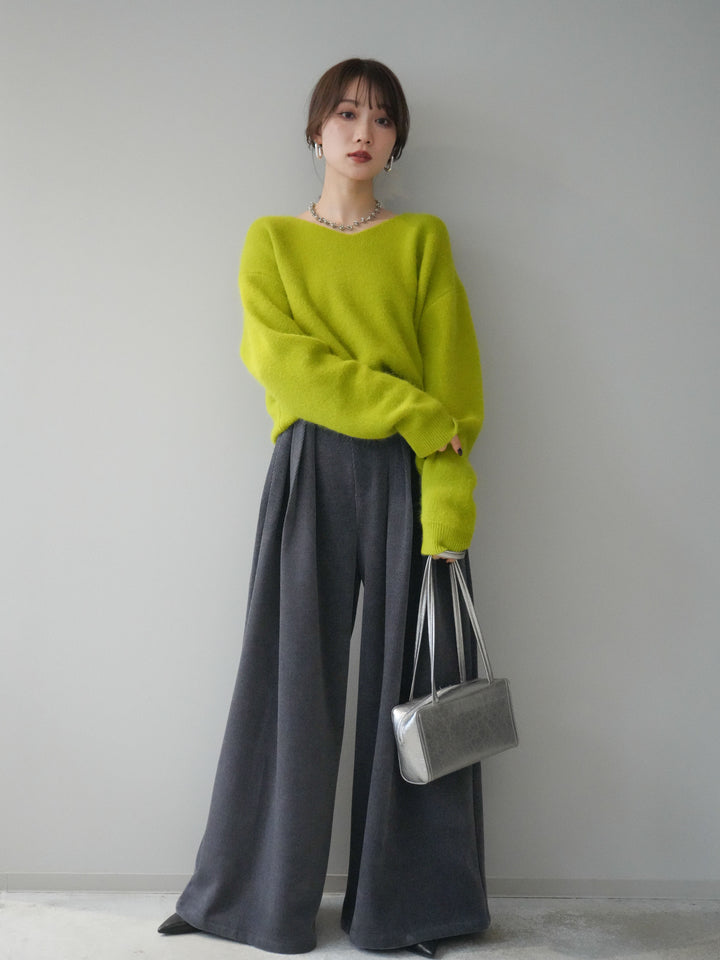 [SET]シュシュ付きアンゴラタッチVネックニットプルオーバー+選べるアクセセット(2set)