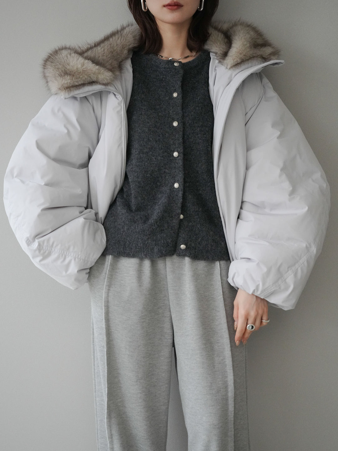 [予約]フードファーショートダウンコート/lightgray