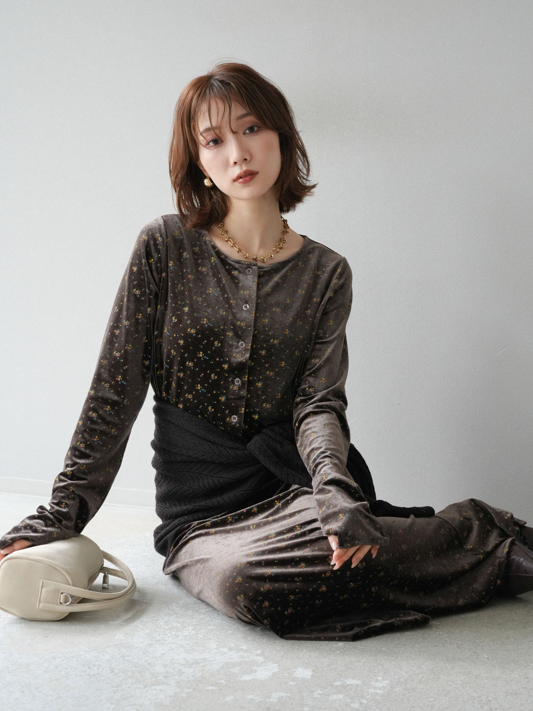 [予約]ベロアフラワープリントカーディガン/ブラウンxイエロー