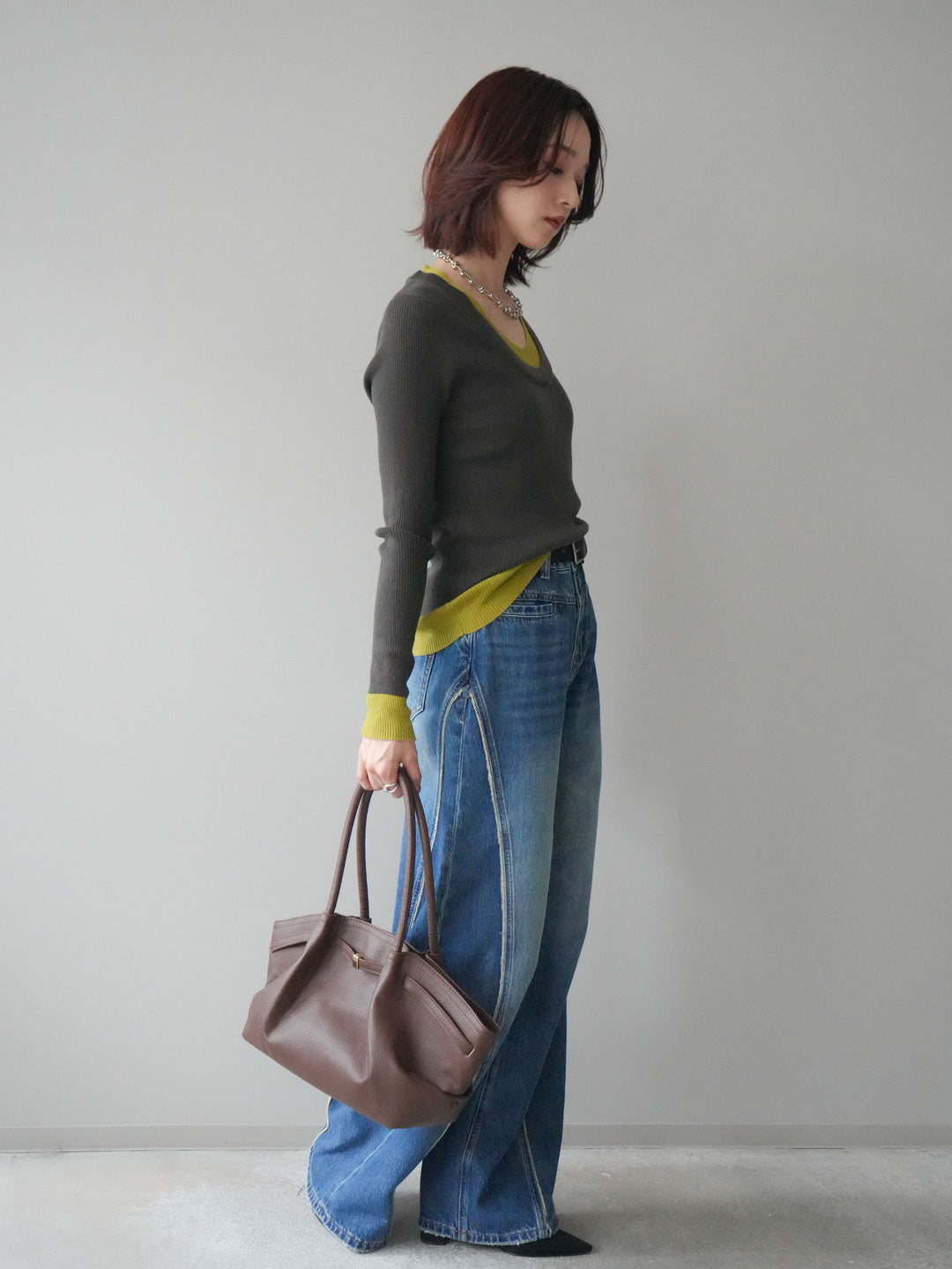 [SET]Uネック配色レイヤードリブニットトップス+サイドフリンジワイドデニムパンツ(2set)