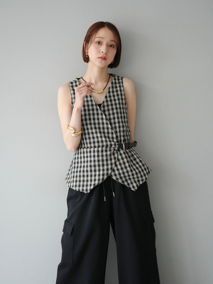 [予約]ベルトデザインバルーンブラウス/チェック