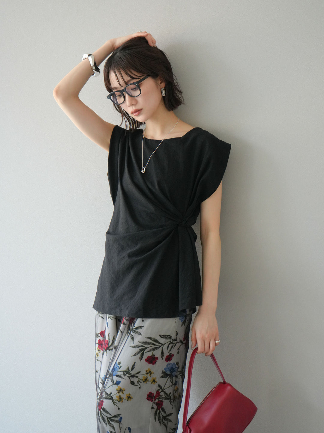 [予約]サイドツイストフレンチトップス/ブラック