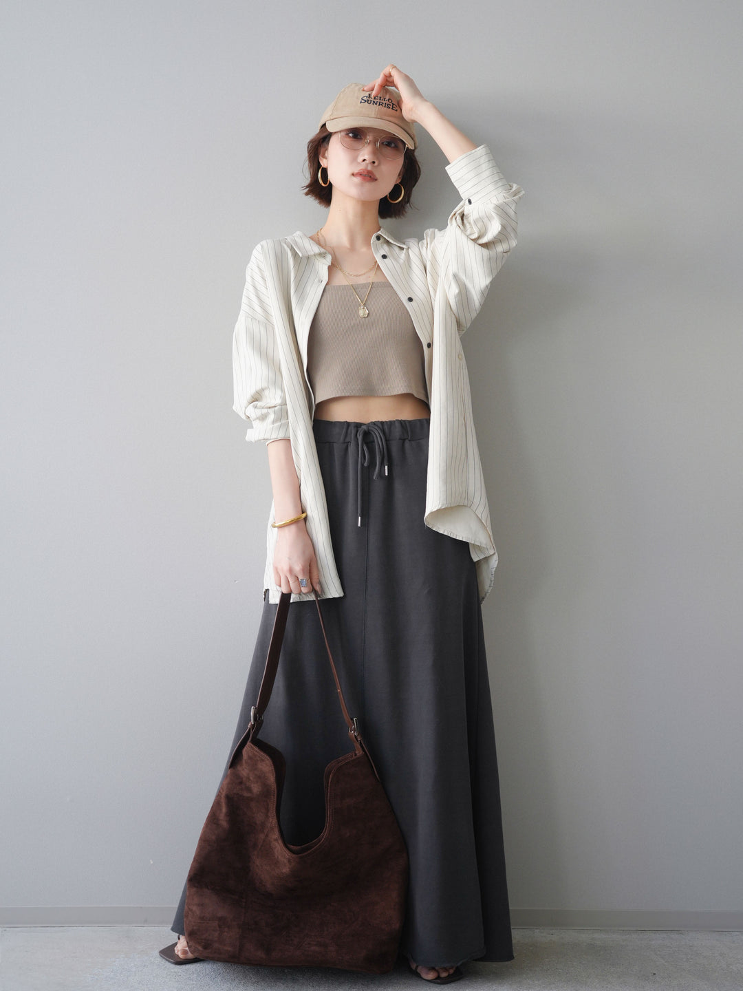 [SET]2WAYカシュクールストライプブラウス+スウェットフレアロングスカート(2set)