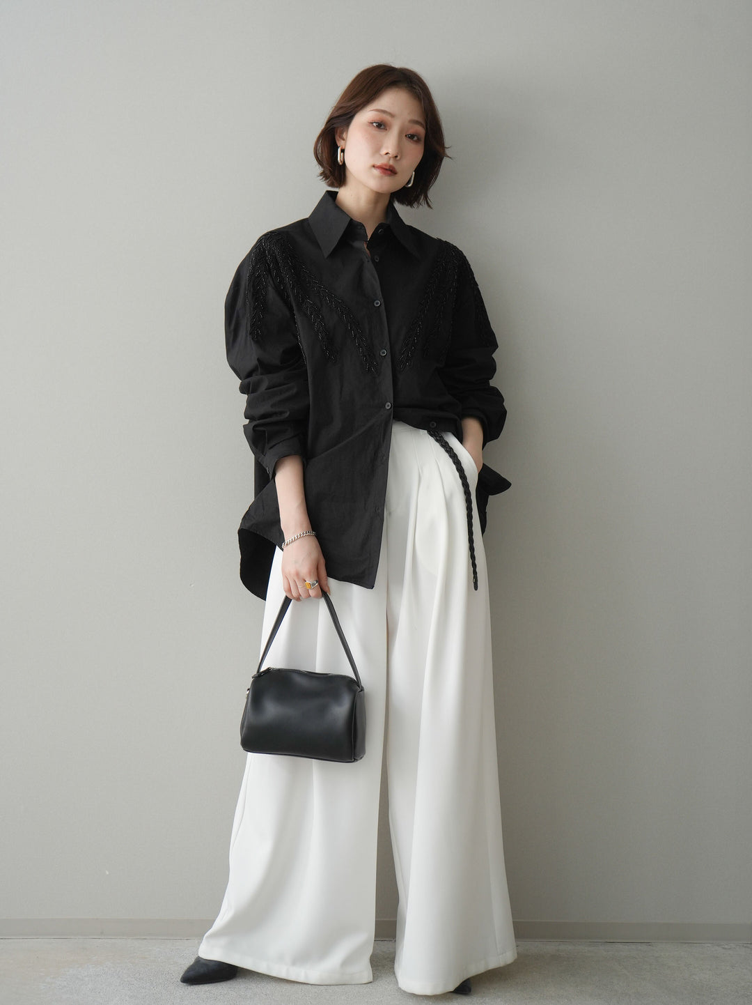 [予約]編み込みベルト付タックワイドパンツ/white