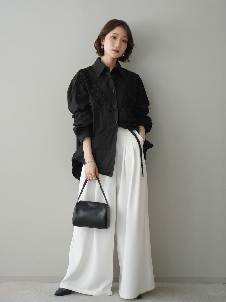 [予約]編み込みベルト付タックワイドパンツ/white