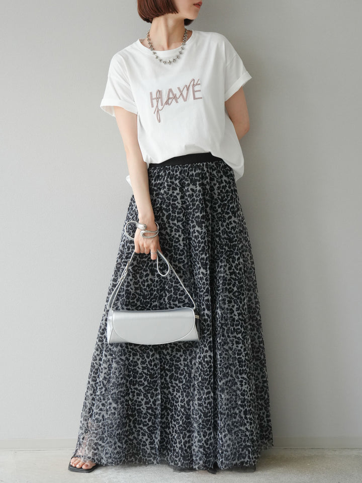 [予約]レオパードチュールレイヤードプリーツスカート/ブラック