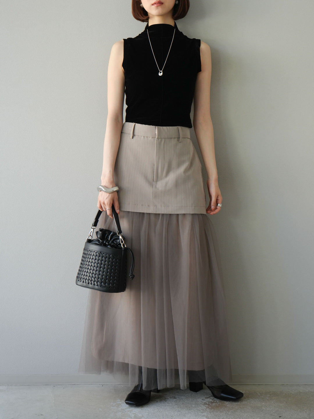 [予約]ストライプ切替チュールスカート/ベージュ