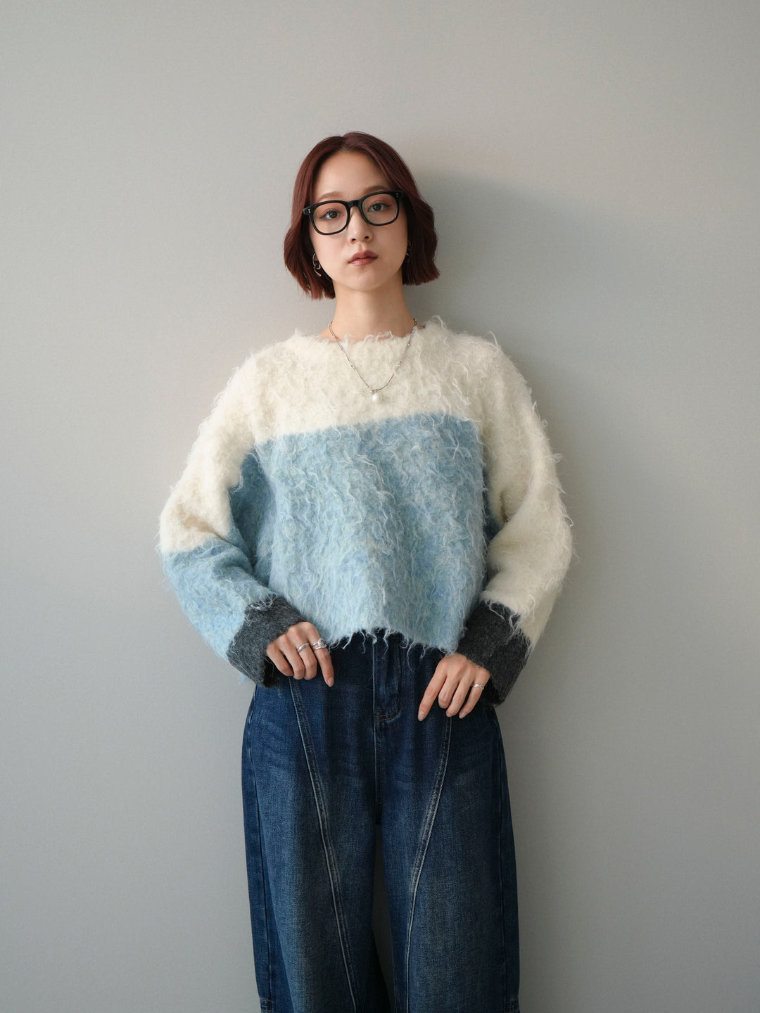 [SET]バイカラーモヘアタッチニットプルオーバー+裏起毛加工デニムカーブパンツ(2set)