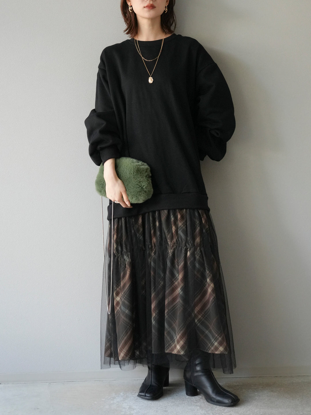 [予約]スウェットドッキングチェック柄レイヤードワンピース/ブラック