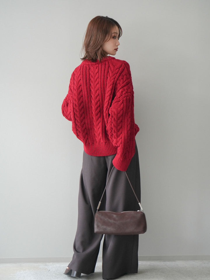 [SET]ボリュームケーブルニットプルオーバー+ベルトループデザインワイドパンツ(2set)