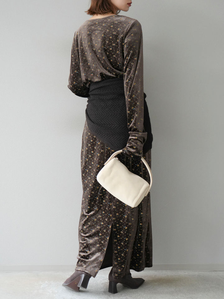 [予約]ベロアフラワープリントIラインスカート/ブラウンxイエロー