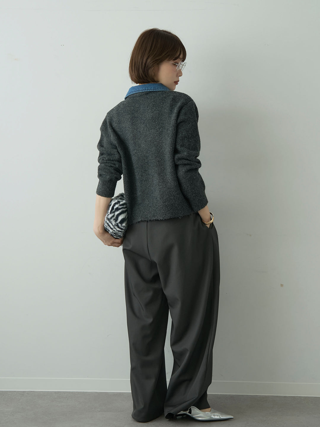 [SET]デニムシャツレイヤードデザインカーディガン+ツイルタックワイドパンツ(2set)
