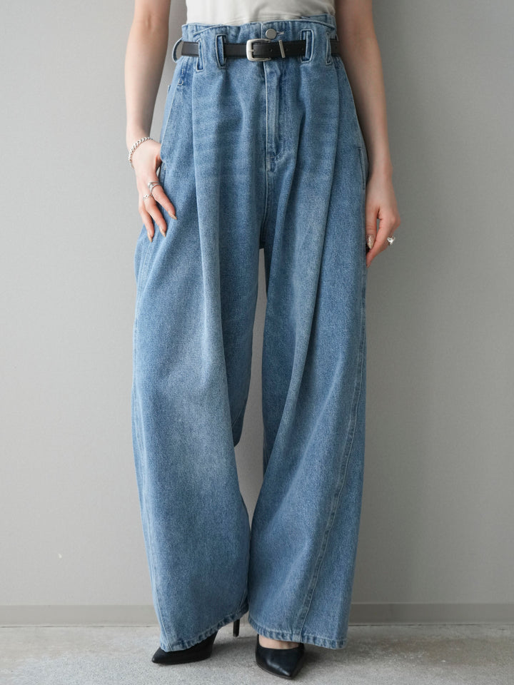 [予約]ハイウエストベルトループデザインデニムパンツ/blue