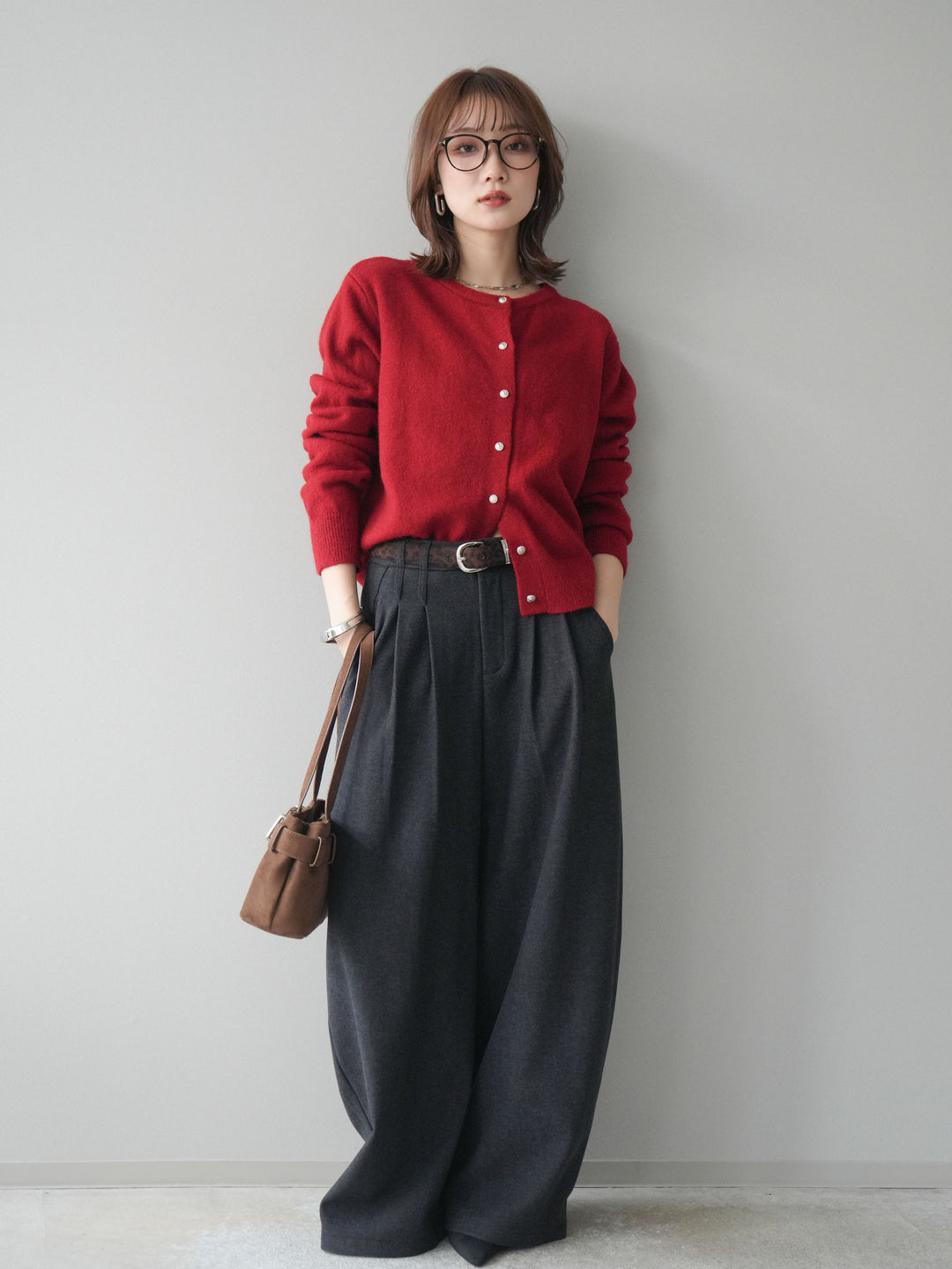 [予約]アニマル柄ベルト付きウールタッチワイドパンツ/charcoal