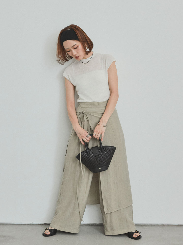 [SET]フレンチスリーブシアーニットトップス+ワッシャーサテンレイヤードスカートパンツ(2set)