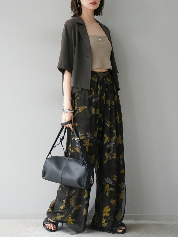 [SET]ハーフショートジャケット+フラワープリントチュールレイヤードパンツ(2set)