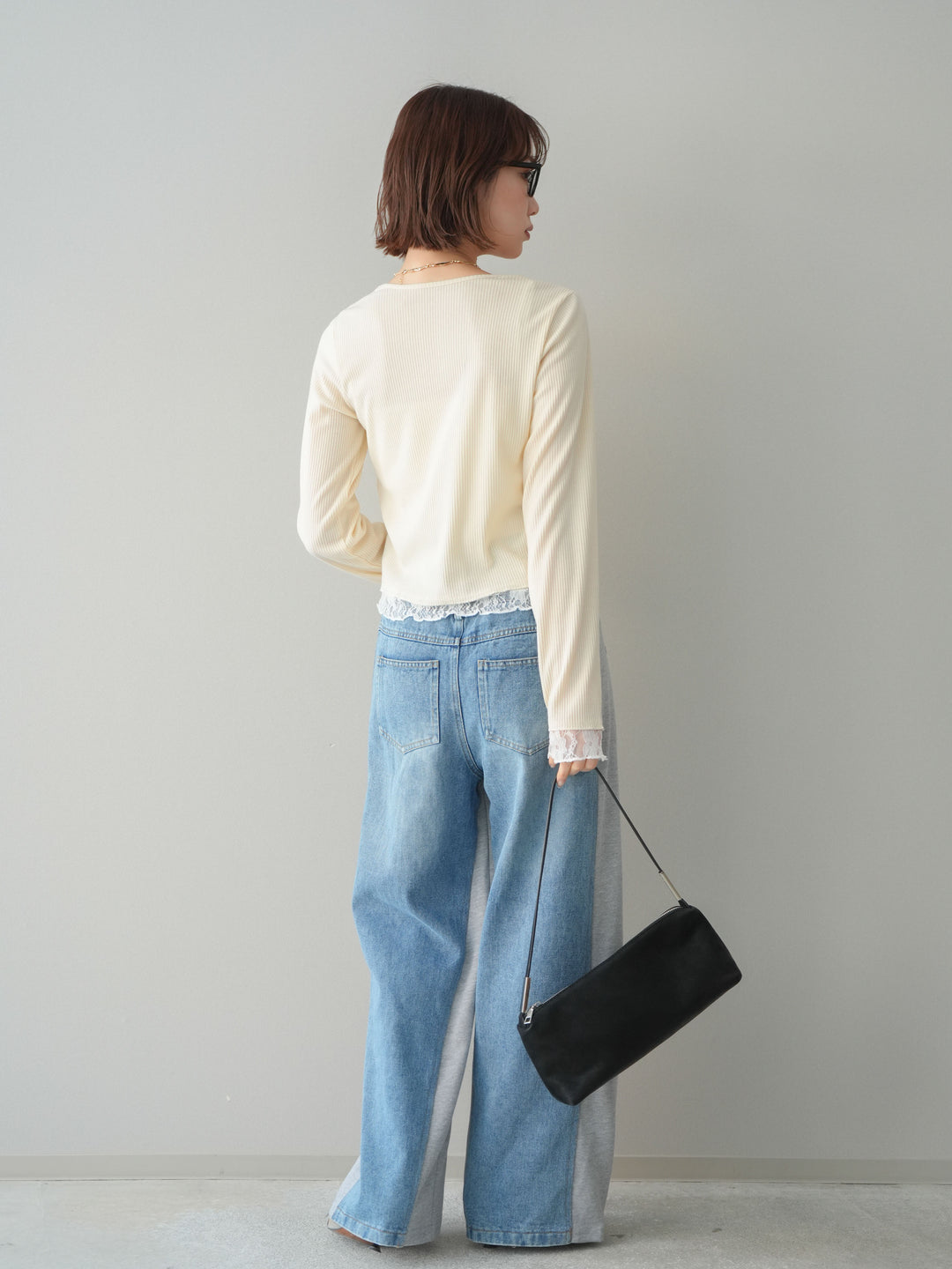 [SET]レースドッキングテレコリブカーディガン+デニム切替スウェットパンツ(2set)