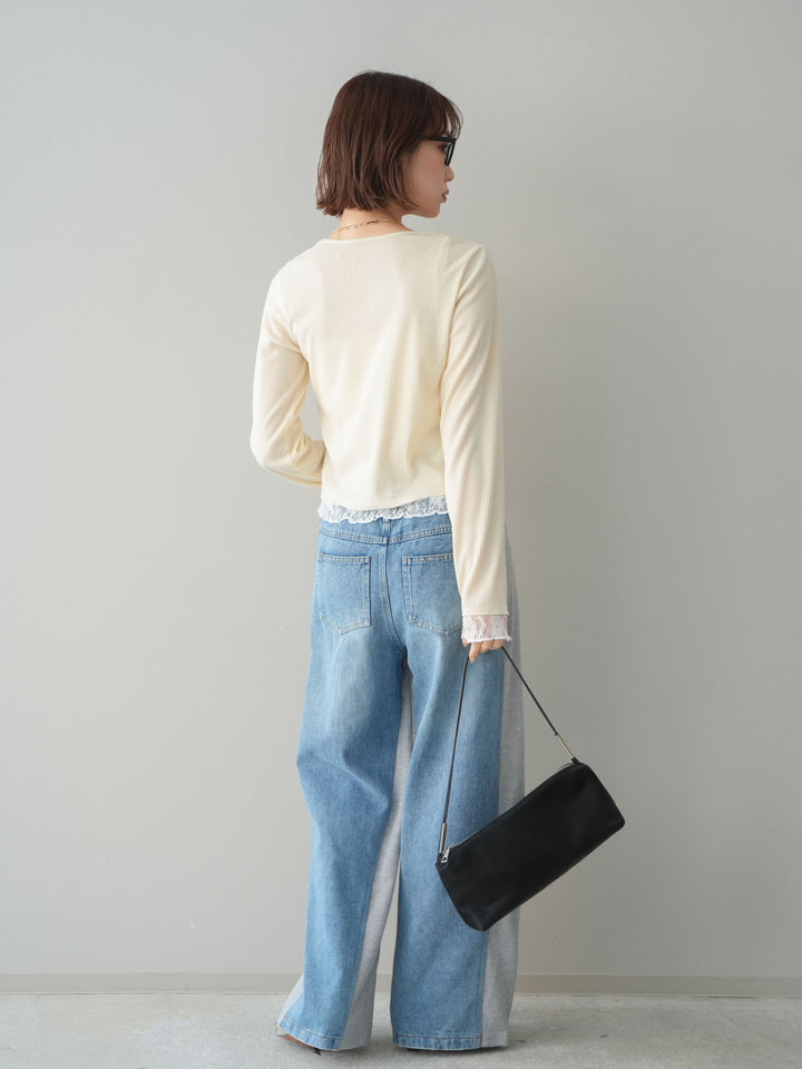 [SET]レースドッキングテレコリブカーディガン+デニム切替スウェットパンツ(2set)