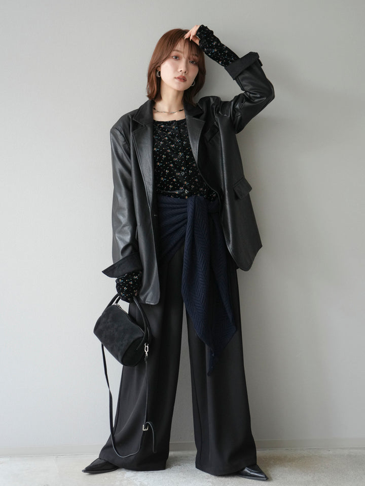 [預購] 皮帶環設計寬褲/黑色