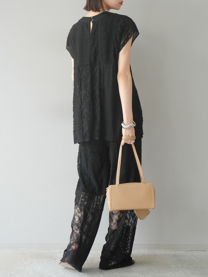 【預購】拼布蕾絲寬褲/黑