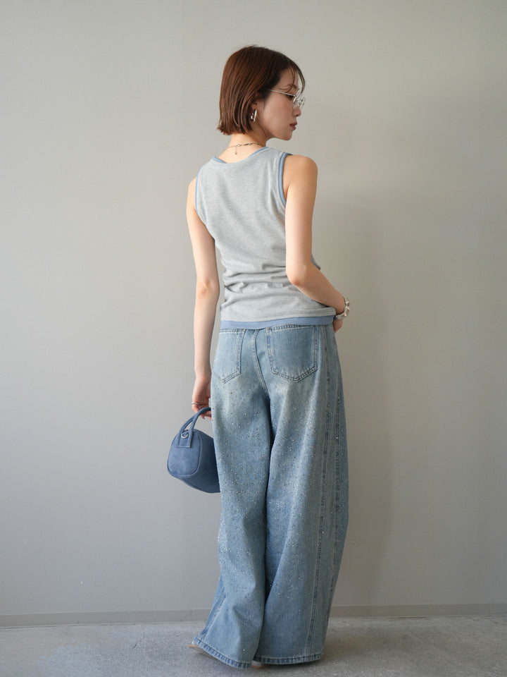 [SET]配色リブヘンリータンクトップ+ウエストベルトビジューワイドデニムパンツ(2set)