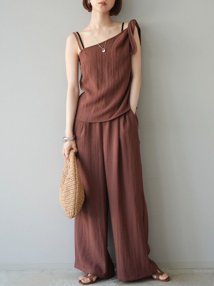 [SET]アシンメトリーショルダーデザイントップス＆ワイドパンツSET UP(2set)