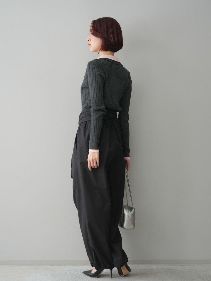 [SET]ダブル襟ポロリブニットトップス+ウエスト巻きデザインドロストコットンナイロンパンツ(2set)